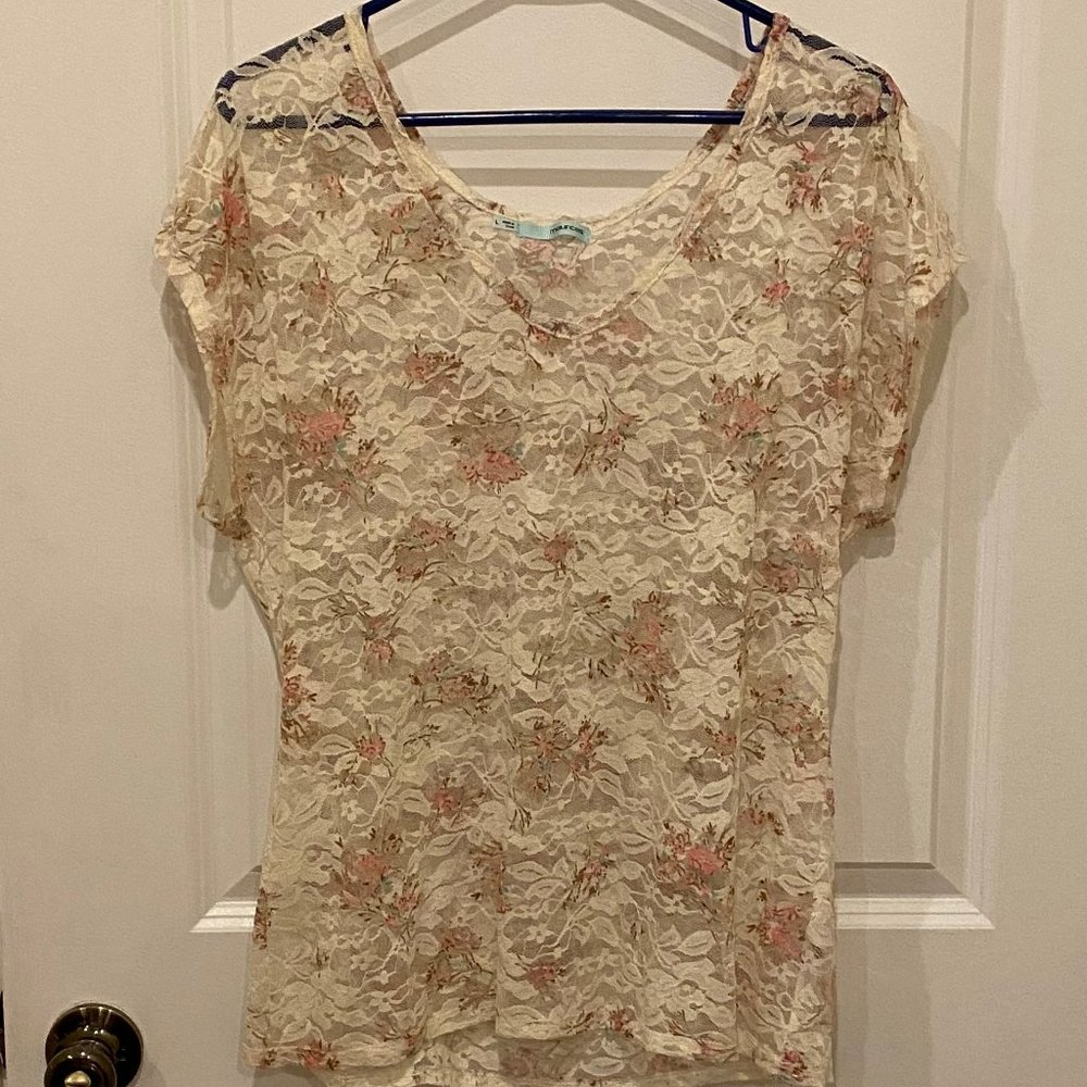 Maurice’s Ivory & Pink Floral Sheer Lace Top